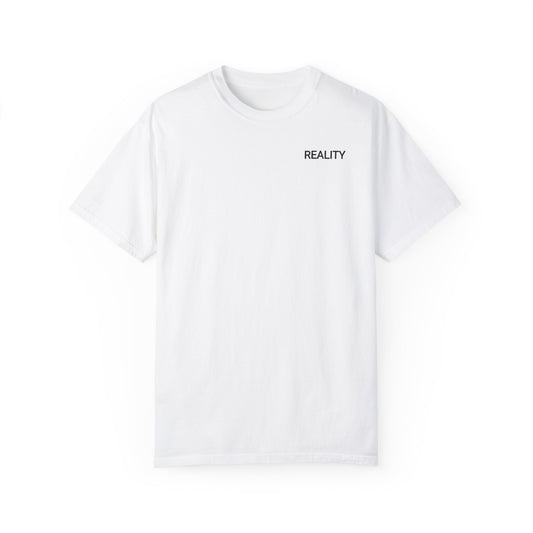 Black and white fuzzy logo and title T-shirt